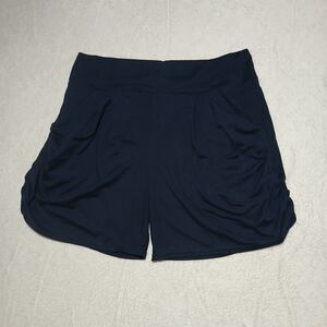 Women's L/XL Navy Blue Pleated High Rise Yoga Shorts with Pockets-Cotton Blend